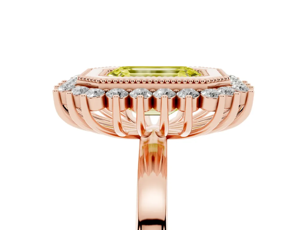 Fancy Yellow Emerald Cut Halo Diamond Ring with Milgrain Edge and Round Prong Setting Rose gold