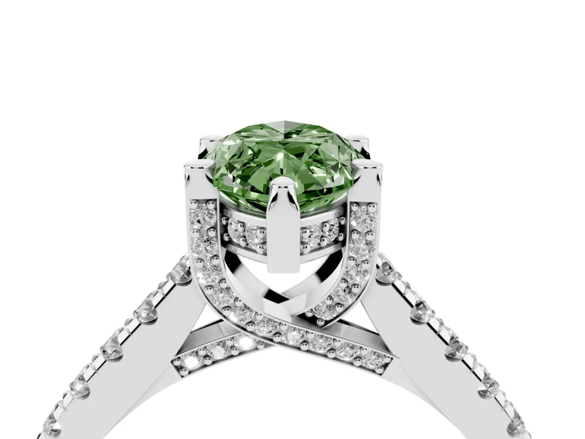 Fancy Green Marquise Cut Brilliant Diamond Solitaire with Pavé Band and Four-Prong Setting Silver