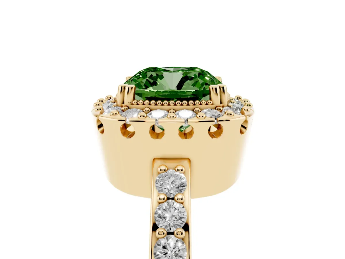 Fancy Green Cushion Cut Diamond Halo Ring with Pavé Band and Prong Setting Yellow gold