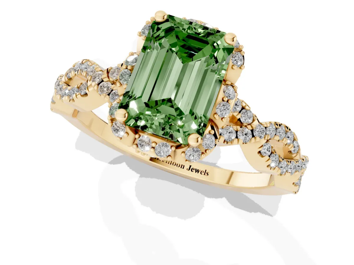 Fancy Green Emerald Cut Halo Twist Band Solitaire Ring with Six-Prong Setting Yellow gold