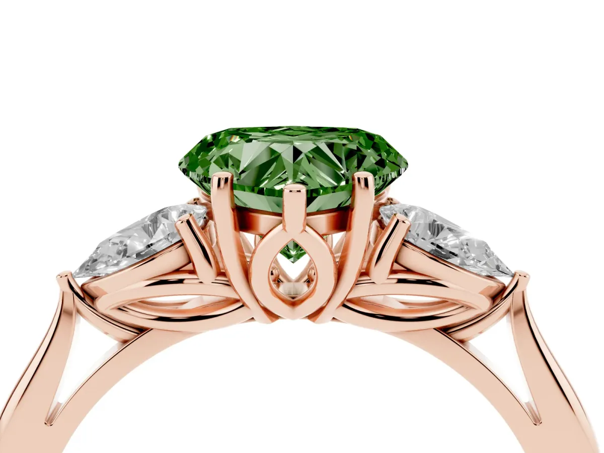 Fancy Green Three-Stone Heart Cut Diamond Ring with Pear Side Stones in Four-Prong Setting Rose gold