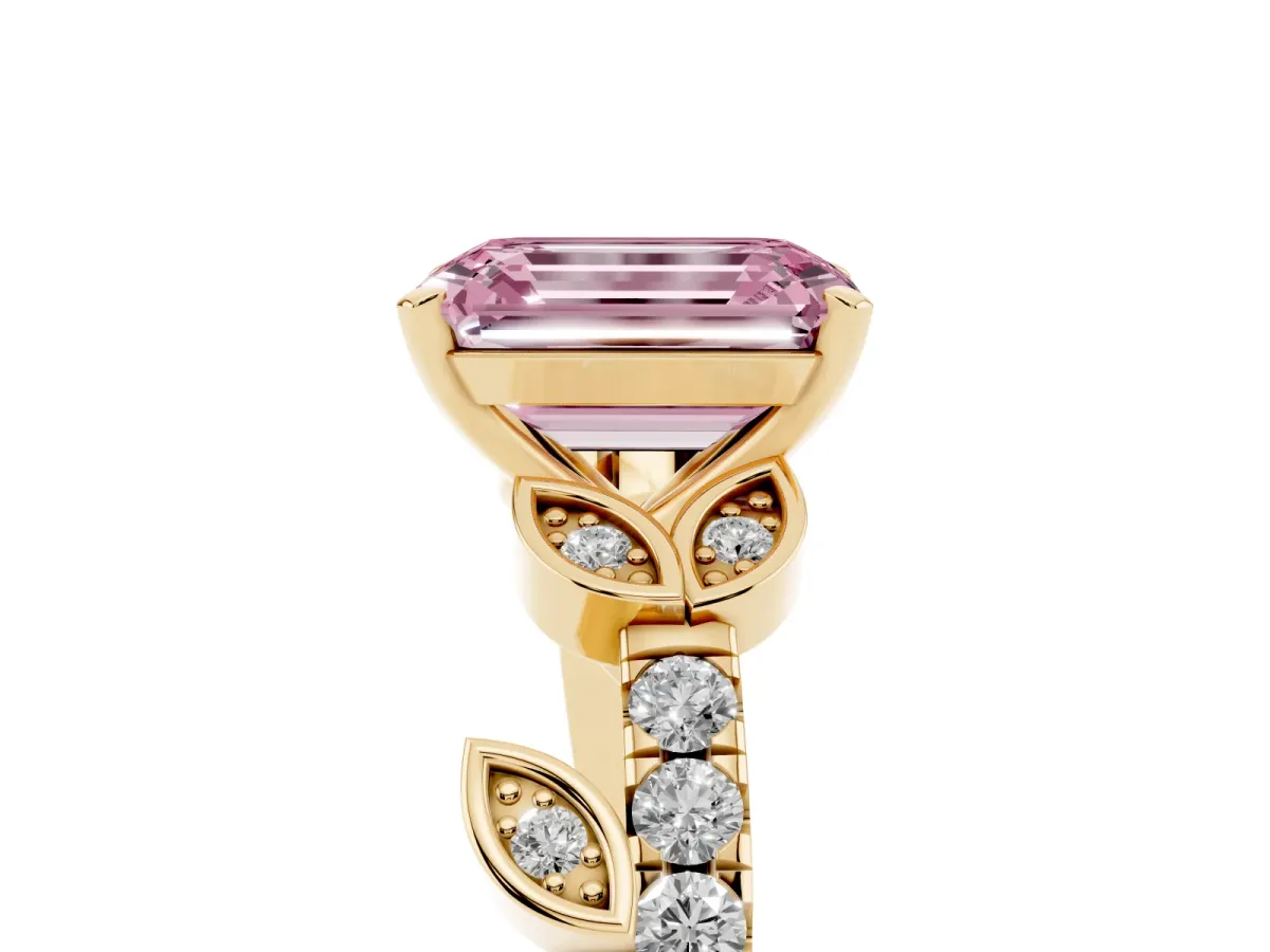 Fancy Pink Emerald Cut Solitaire Leaf-Inspired Diamond Ring with Pavé Band and Four-Prong Setting Yellow gold