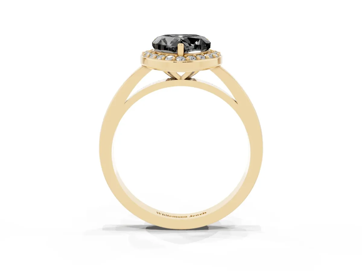 Fancy Black Heart Cut Halo Diamond Ring with Solitaire Band and Prong Setting Yellow gold