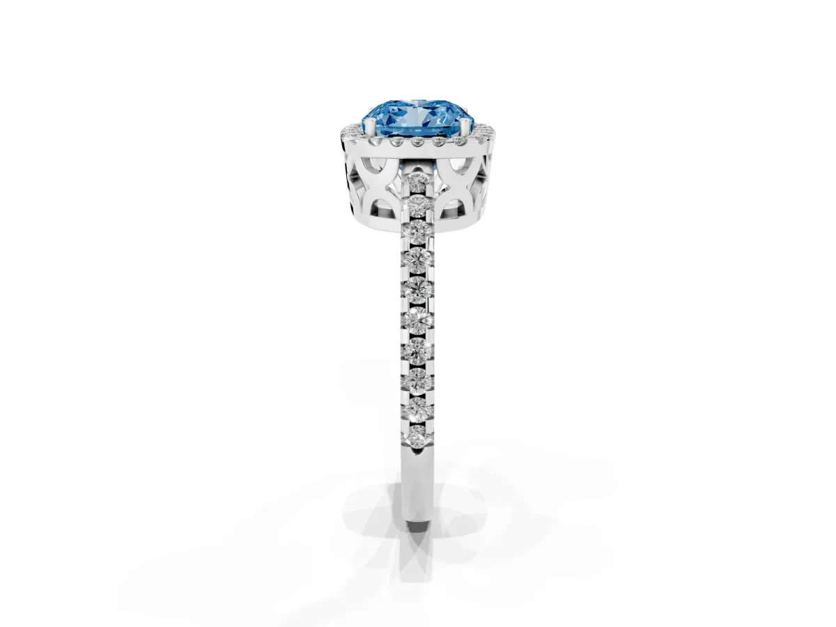 Fancy Blue Cushion Cut Diamond Halo Engagement Ring with Pavé Band and Prong Setting Platinum
