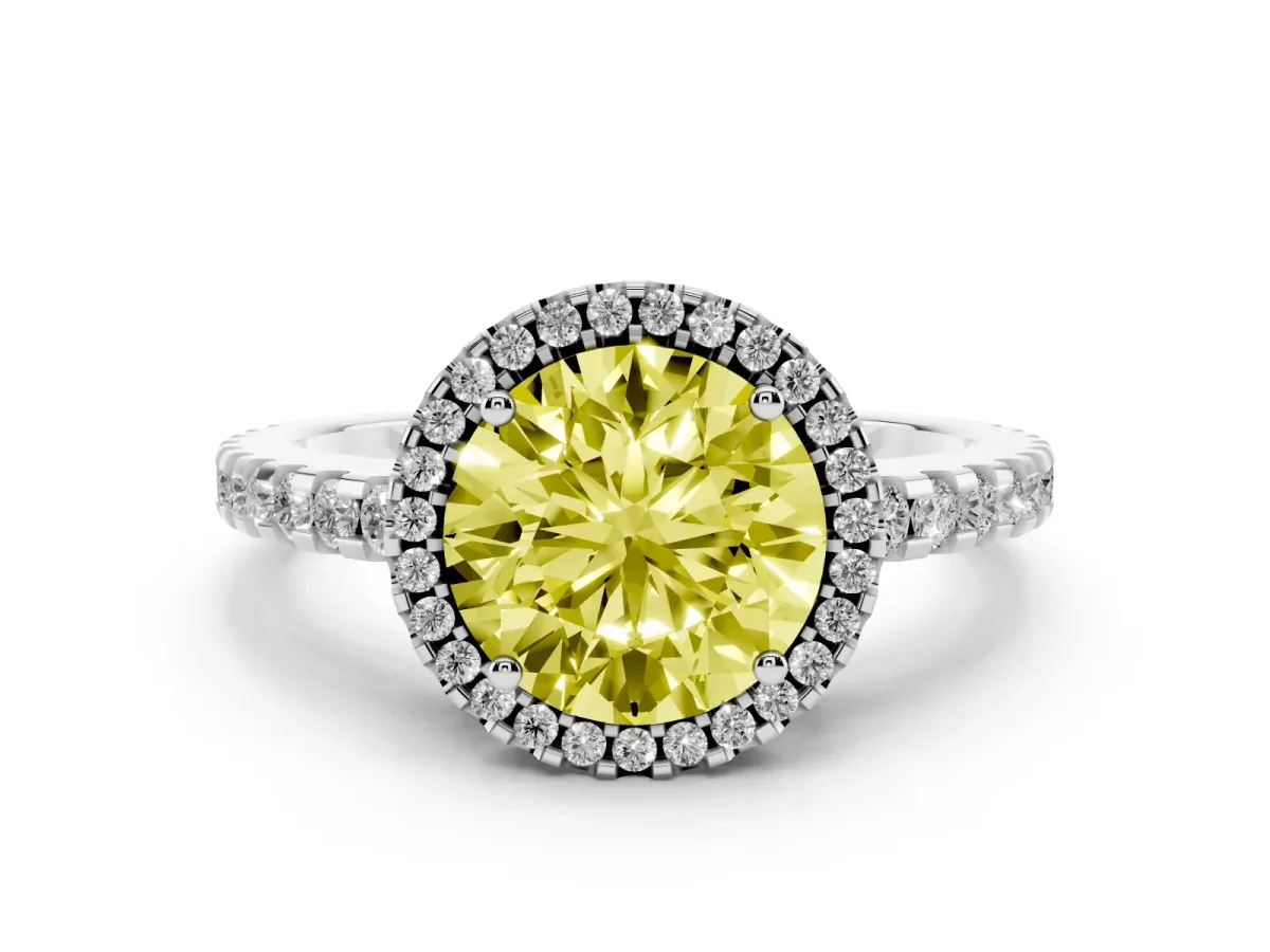 Fancy Yellow Round Cut Diamond Halo Engagement Ring with Pavé Band and Prong Setting Platinum