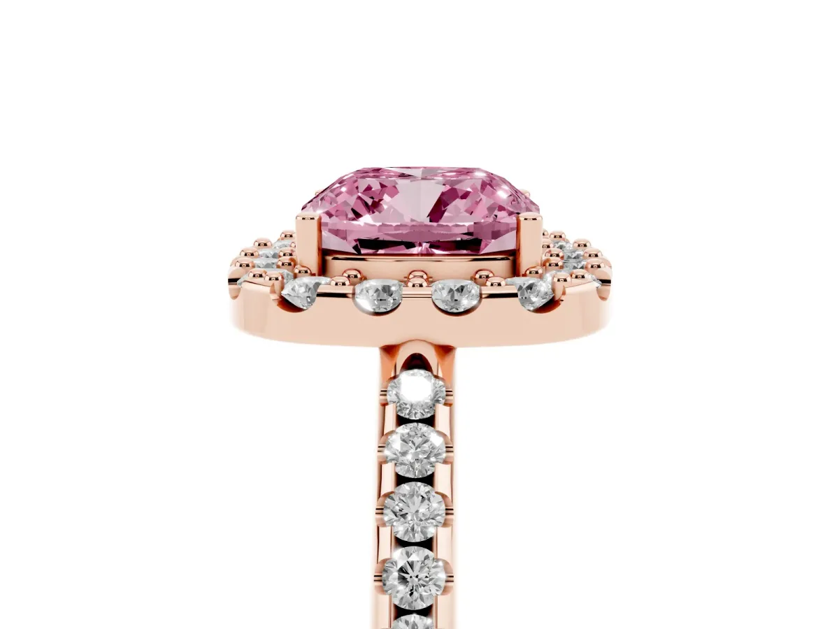 Fancy Pink Cushion Cut Diamond Pavé Halo Ring with Four-Prong Setting Rose gold