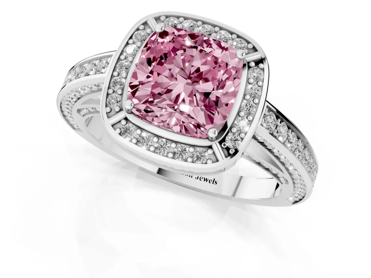 Fancy Pink Cushion Cut Cut Halo Pave Split Shank Prong Setting Ring Platinum