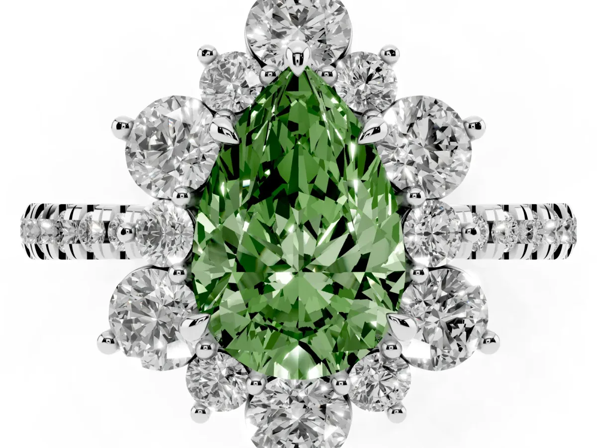 Fancy Green Pear Cut Diamond Floral Halo Ring with Round Pavé Band and Prong Setting White gold