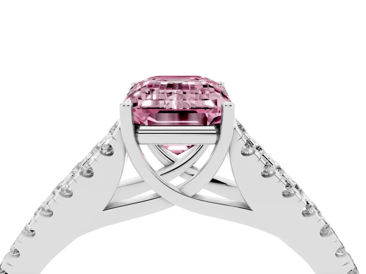 Fancy Pink Emerald Cut Diamond Split Shank Engagement Ring with Round Pavé and Prong Setting Silver
