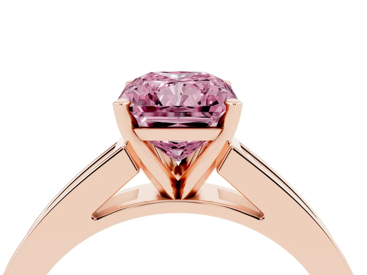 Fancy Pink Radiant Cut Solitaire Diamond Ring with Channel-Set Band and Four-Prong Setting Rose gold