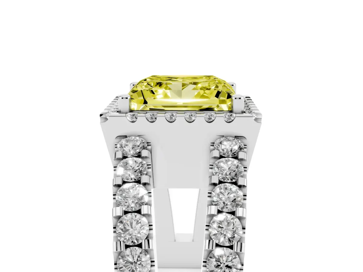 Fancy Yellow Princess Cut Cut Halo Split Shank Diamond Ring with Four-Prong Setting Silver