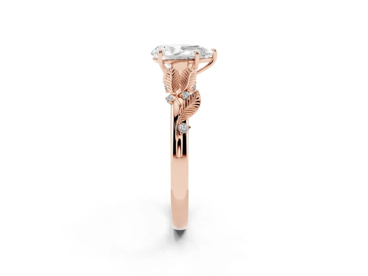 Pear Cut Diamond Solitaire Ring with Leaf Motif Band and Four-Prong Setting Rose gold