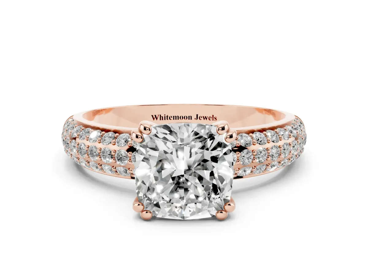 Cushion Cut Diamond Solitaire Ring with Multi-Row Round Pavé Band and Prong Setting Rose gold