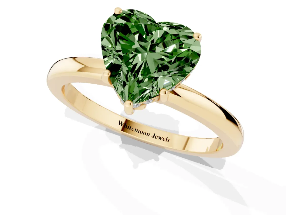 Fancy Green Heart Cut Solitaire Diamond Ring with Prong Setting and Plain Band Yellow gold