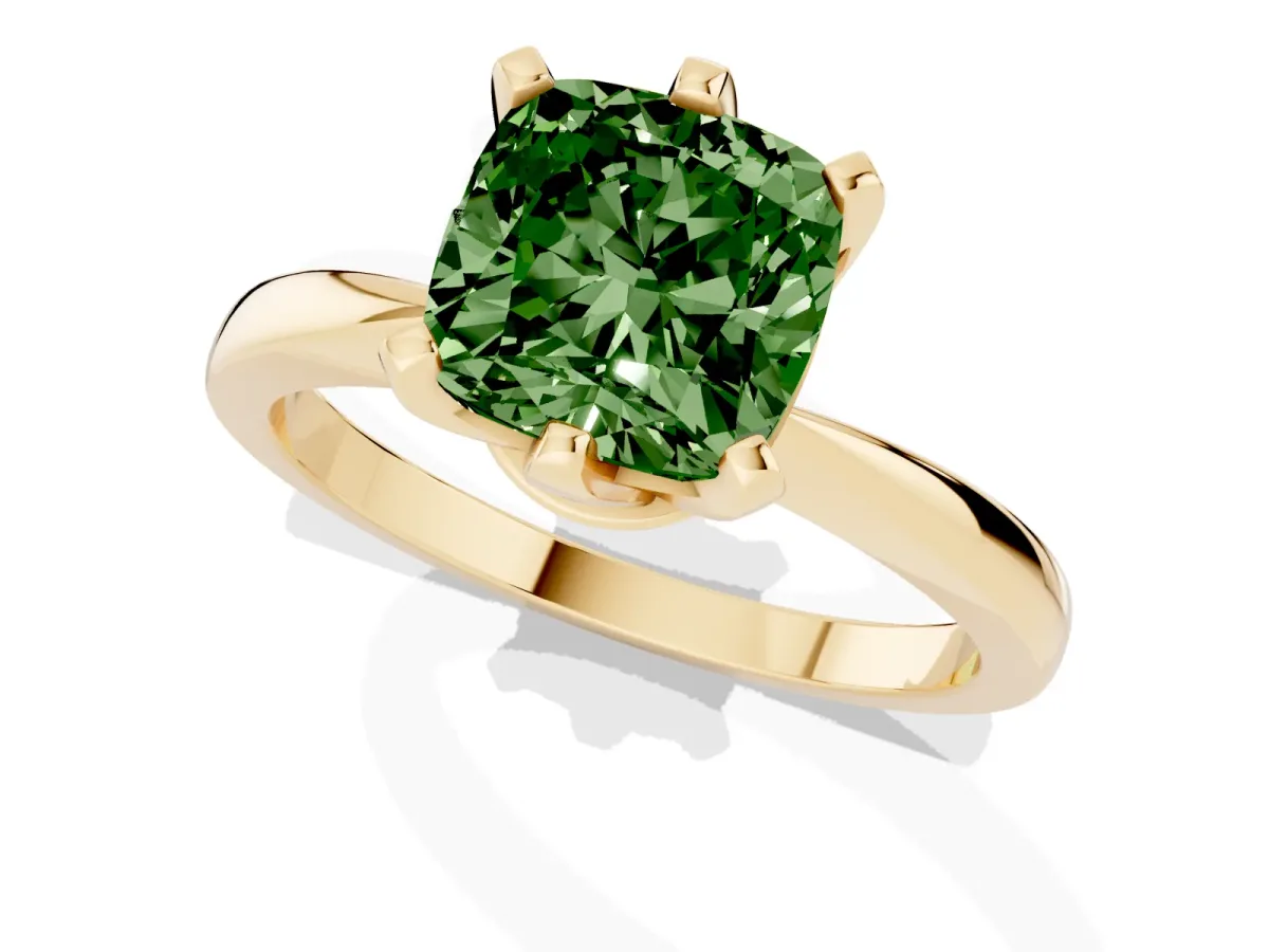 Fancy Green Cushion Cut Solitaire Engagement Ring with Six-Prong Setting and Tapered Band Yellow gold