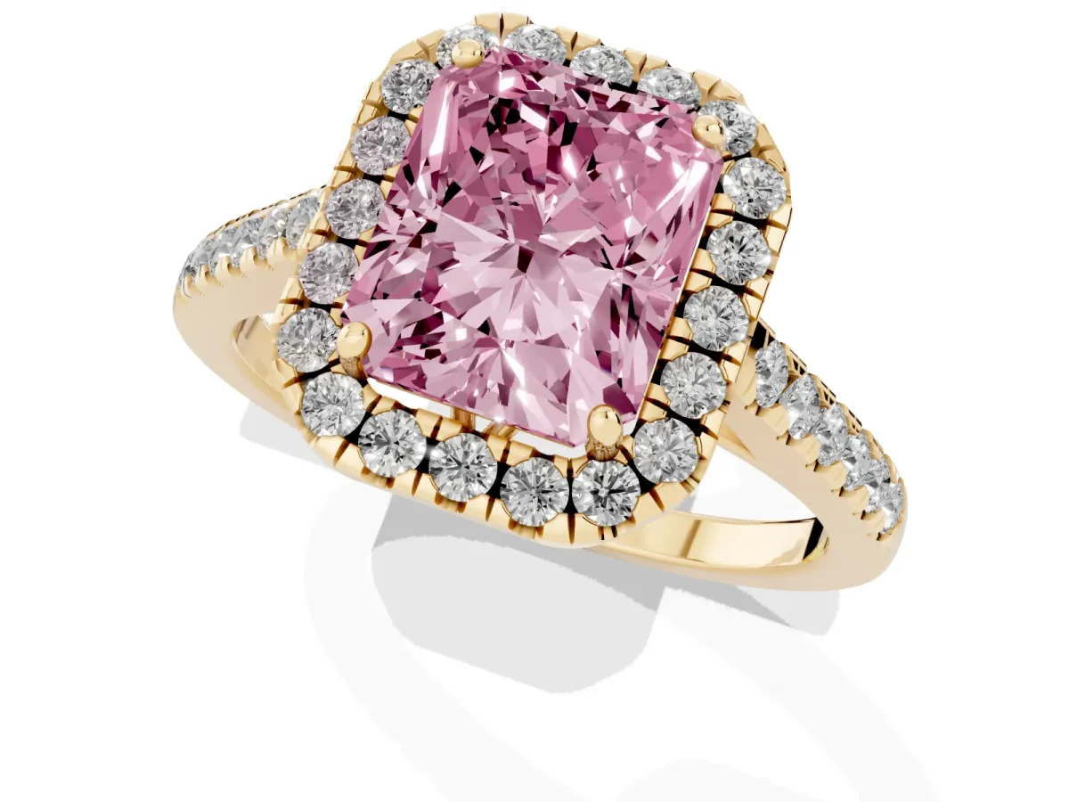 Fancy Pink Radiant Cut Halo Pavé Diamond Engagement Ring with Four-Prong Setting Yellow gold