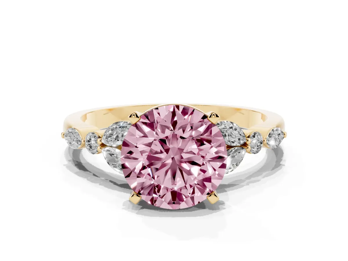 Fancy Pink Round Cut Diamond Solitaire Ring with Side Stones and Four-Prong Setting Yellow gold