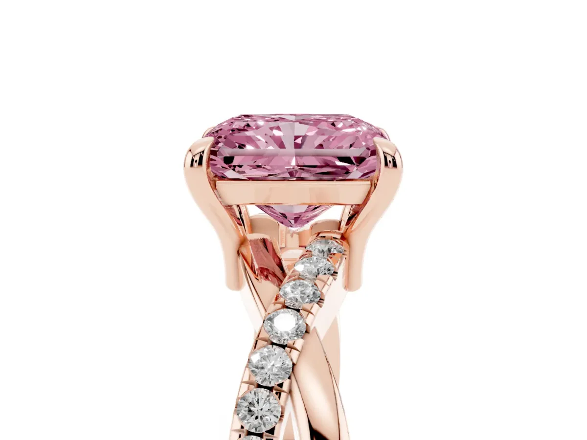 Fancy Pink Radiant Cut Cut Diamond Twist Band Solitaire with Prong Setting Rose gold