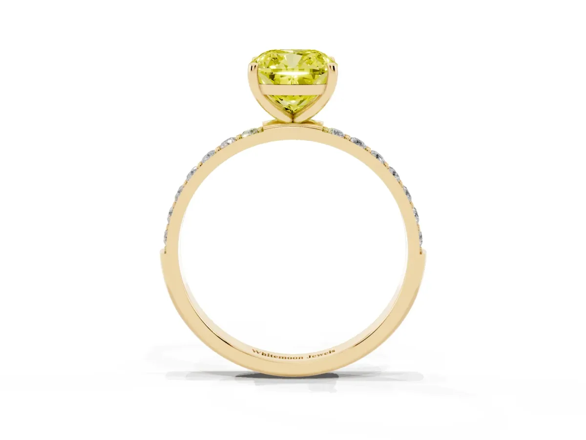 Fancy Yellow Cushion Cut Diamond Solitaire Ring with Round Pavé Shoulders and Prong Setting Yellow gold