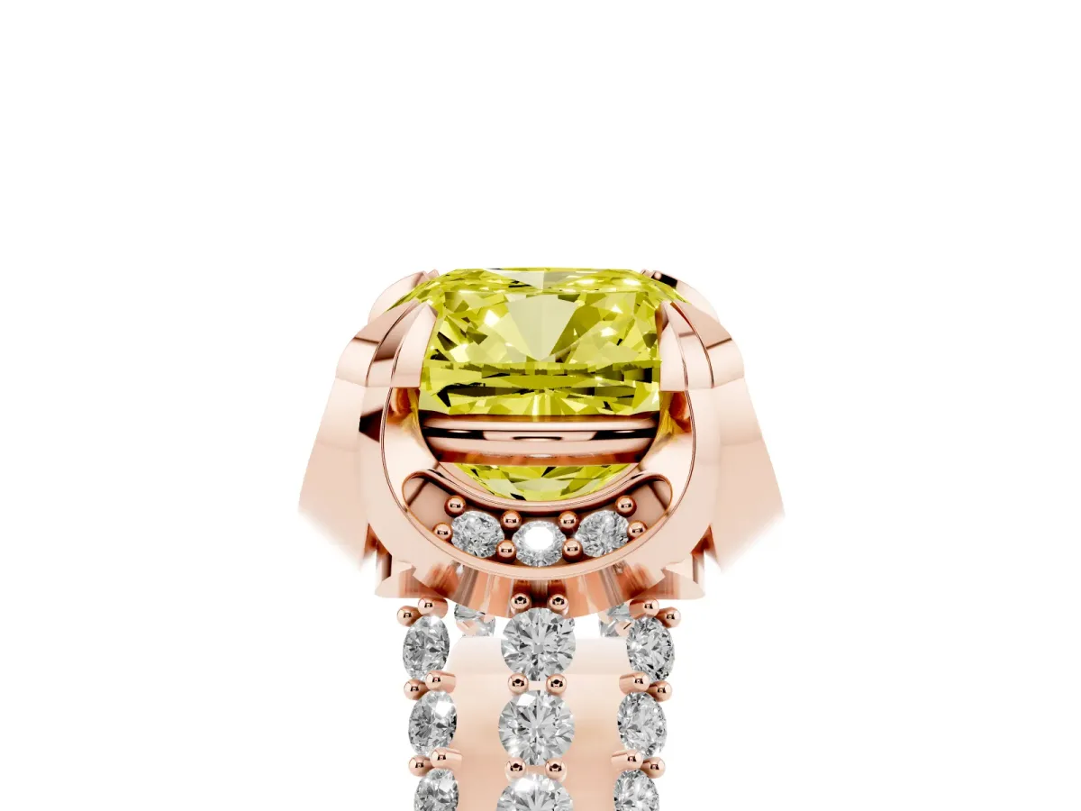 Fancy Yellow Cushion Cut Solitaire Pave Split Shank Ring with Four-Prong Setting Rose gold