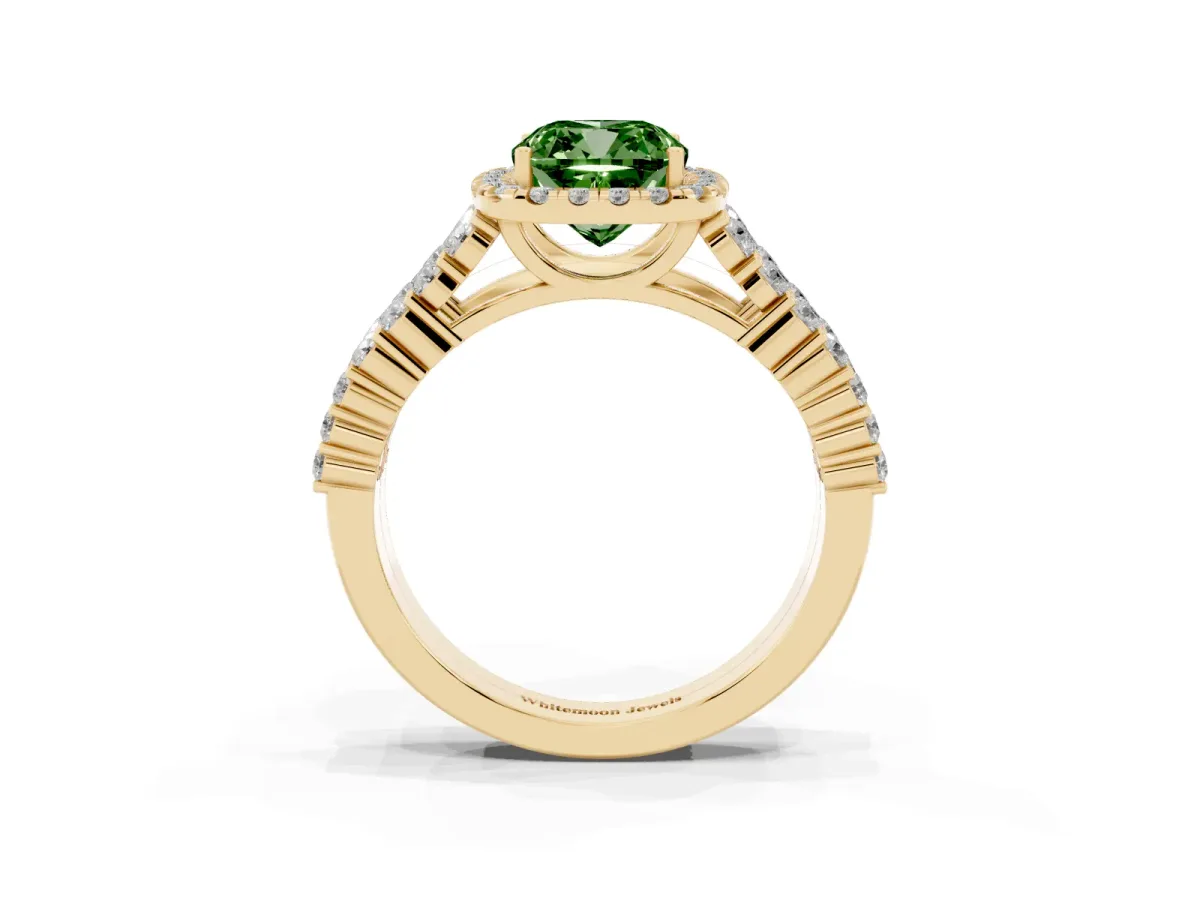 Fancy Green Cushion Cut Diamond Halo Engagement Ring with Triple Row Round Pavé Band and Prong Setting Yellow gold