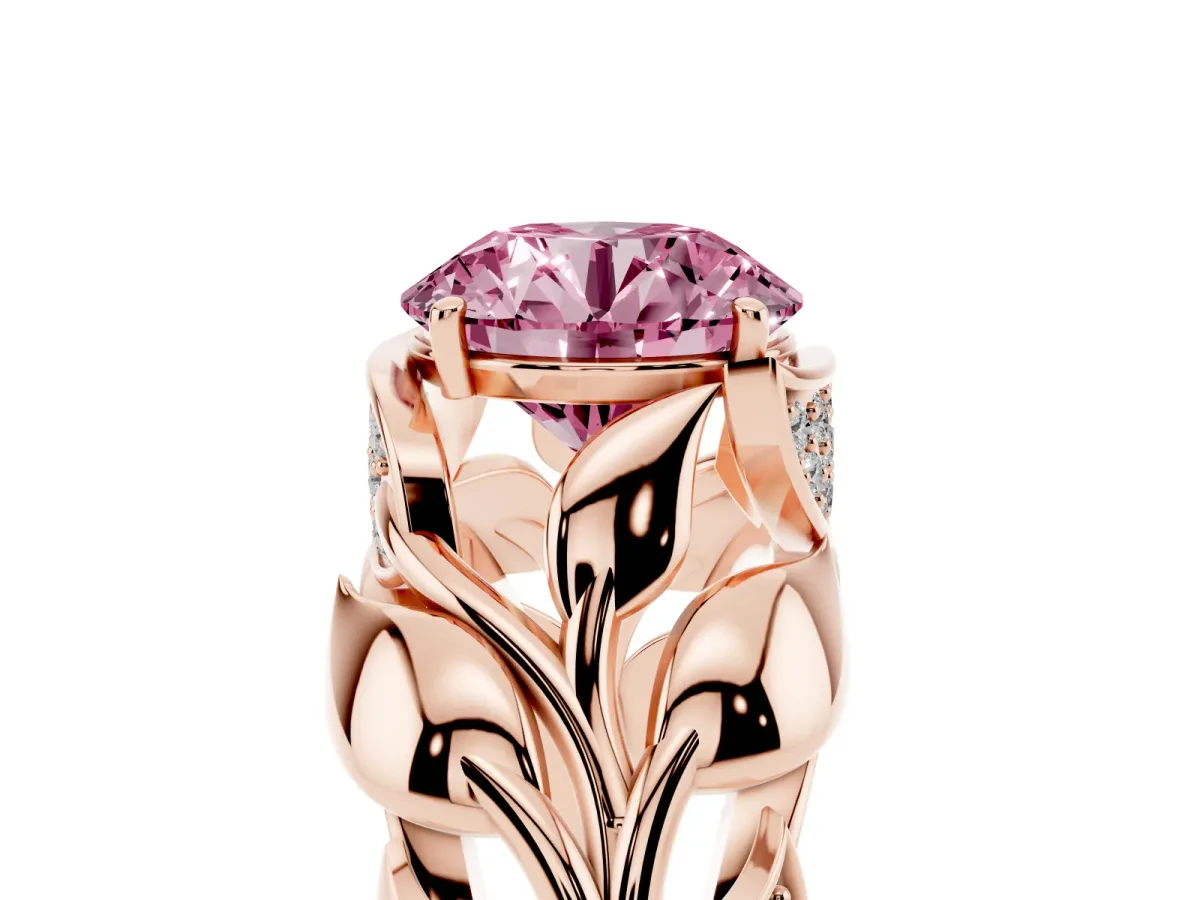 Fancy Pink Round Cut Diamond Leaf-Inspired Engagement Ring with Round Accents and Prong Setting Rose gold