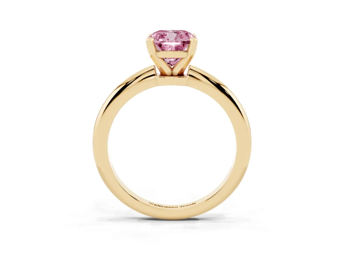 Fancy Pink Cushion Cut Diamond Solitaire Ring with Prong Setting and Classic Band Yellow gold
