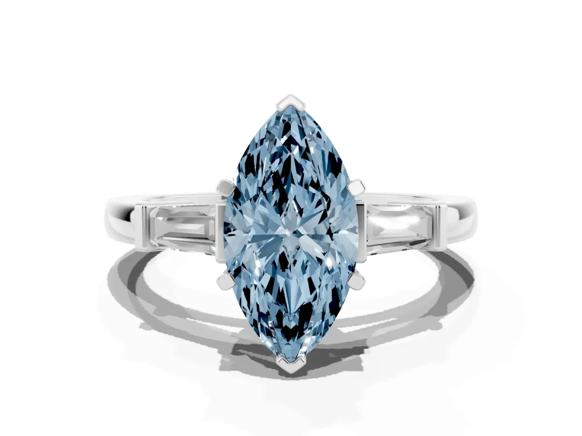 Fancy Blue Marquise Cut Cut Diamond Solitaire Ring with Tapered Baguette Accents and Four-Prong Setting Silver