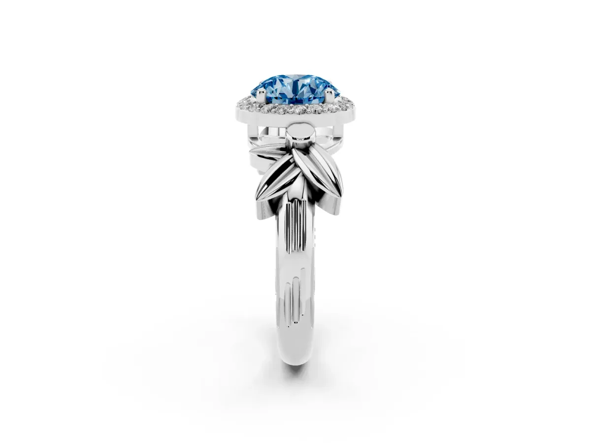 Fancy Blue Round Cut Halo Diamond Floral Band with Four-Prong Setting Platinum