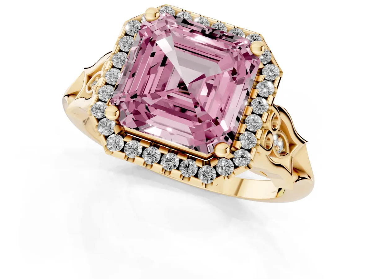Fancy Pink Asscher Cut Halo Diamond Engagement Ring with Filigree Band and Four-Prong Setting Yellow gold
