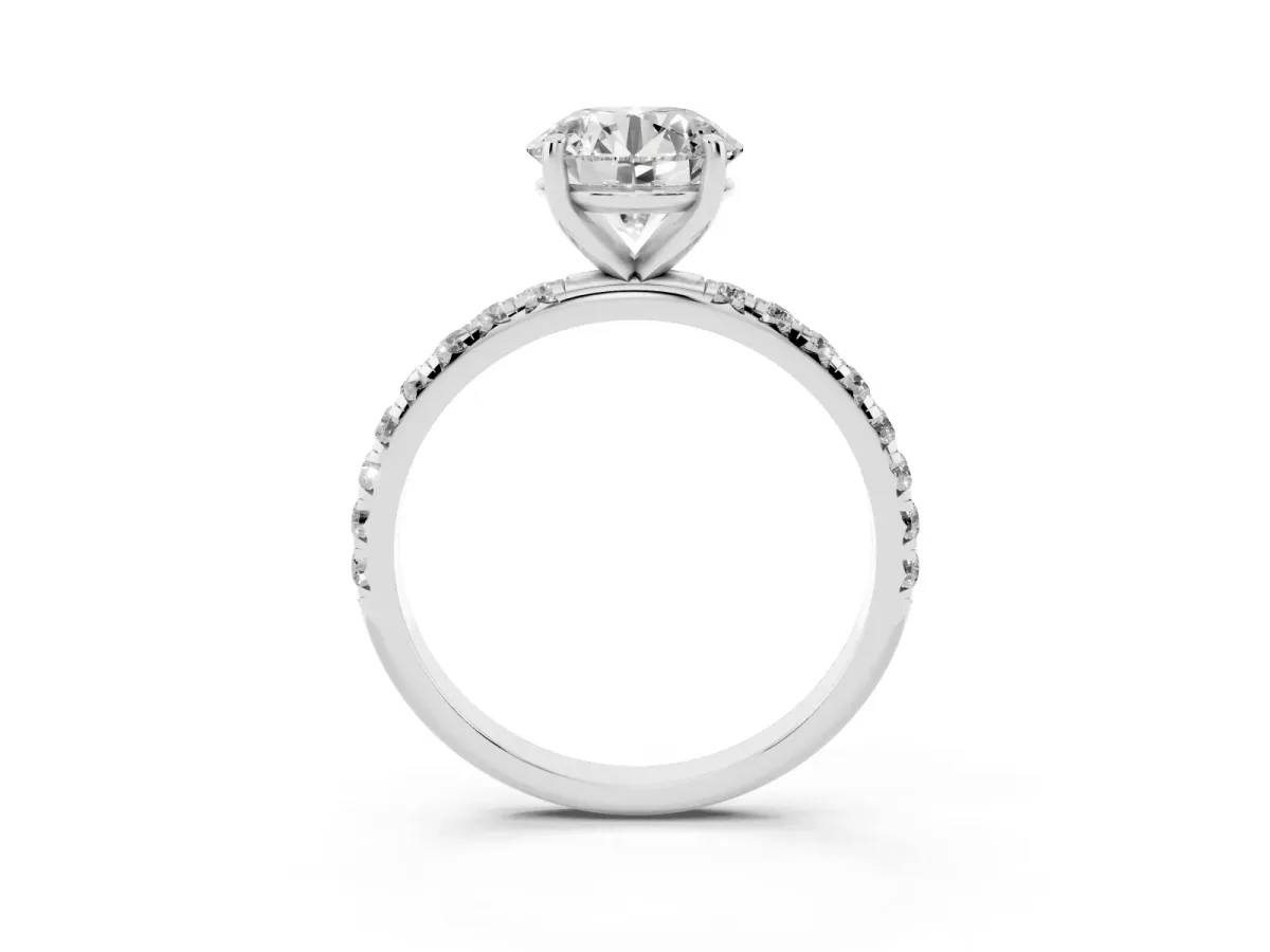 Round Cut Cut Diamond Solitaire Ring with Micro Pave Band and Four Prong Setting Silver