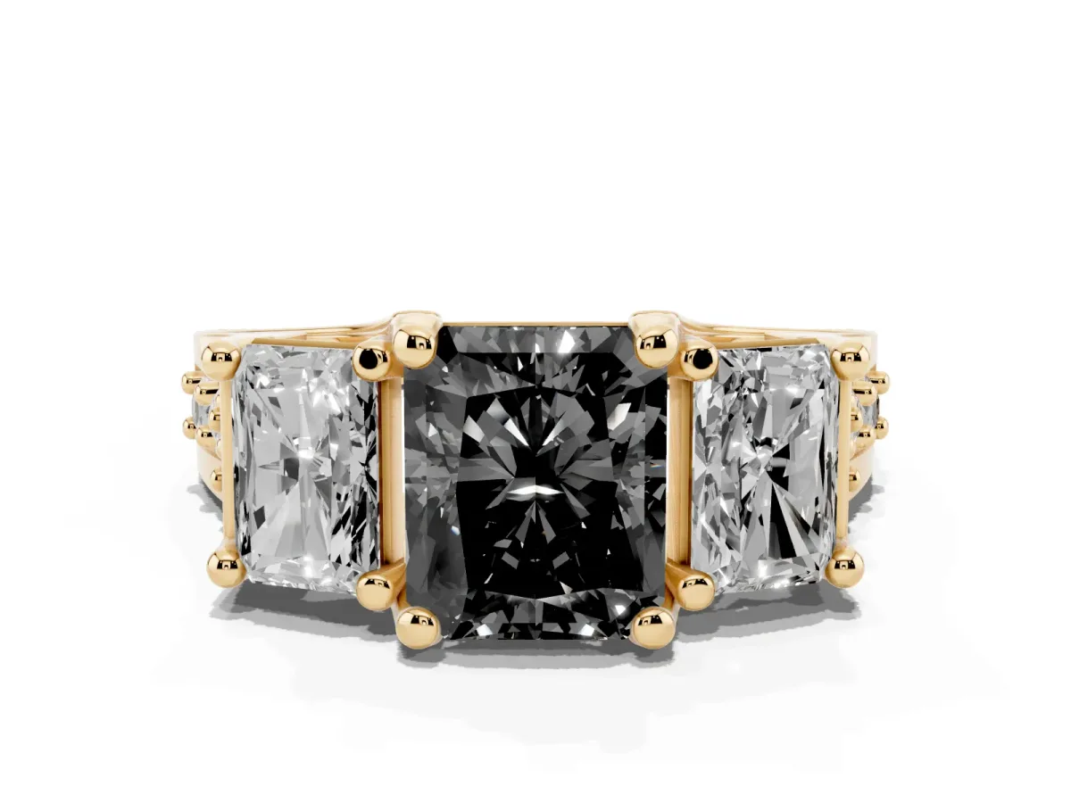 Fancy Black Radiant Cut Diamond Three-Stone Ring with Channel Set Band and Four-Prong Setting Yellow gold