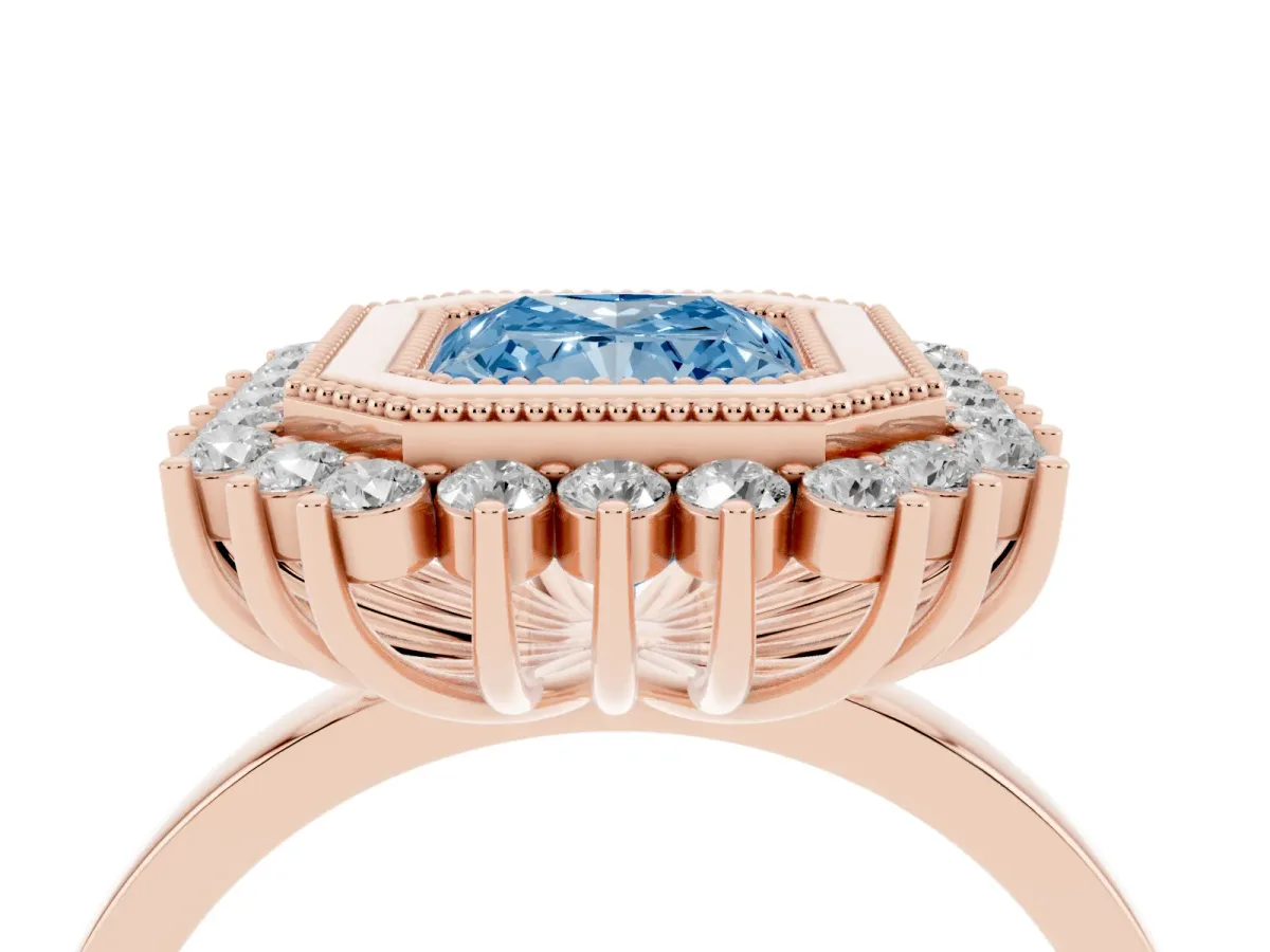 Fancy Blue Radiant Cut Halo Diamond Ring with Milgrain Edge and Round Prong Setting Rose gold