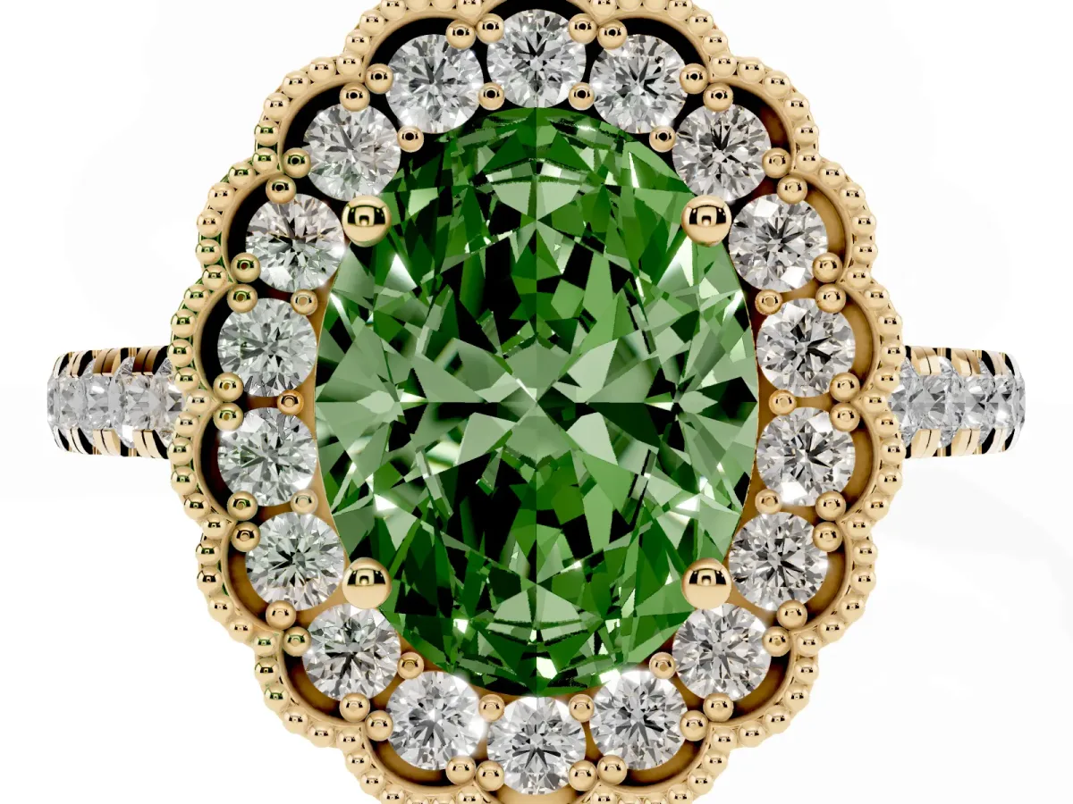 Fancy Green Oval Cut Cut Diamond Milgrain Floral Halo Engagement Ring with Pavé Band Yellow gold