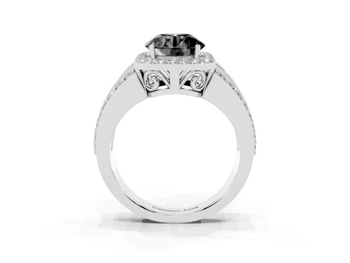 Fancy Black Round Cut Halo Diamond Ring with Round Split Shank and Prong Setting Platinum