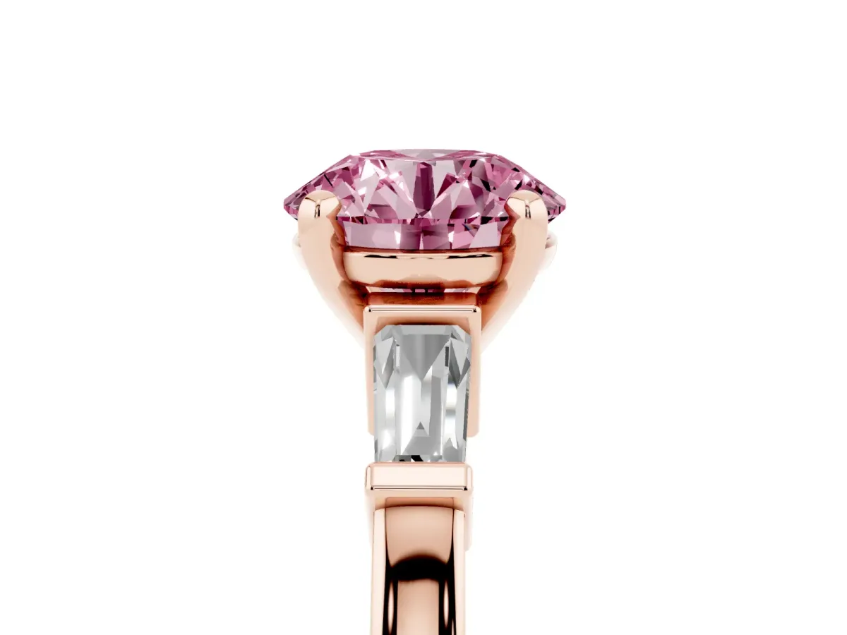 Fancy Pink Round Cut Cut Diamond Solitaire Ring with Tapered Baguette Accents and Four-Prong Setting Rose gold