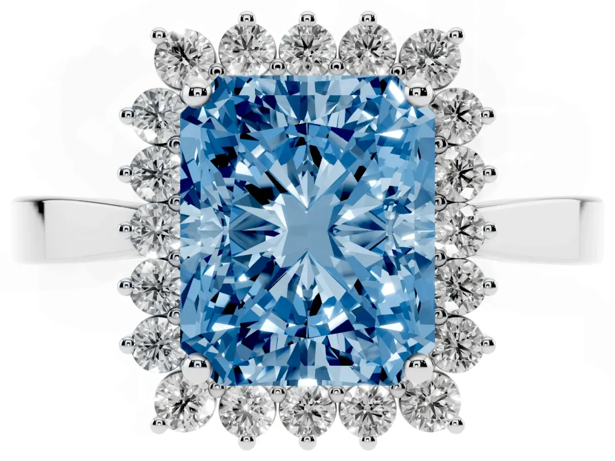 Fancy Blue Radiant Cut Cut Diamond Halo Ring with Round Brilliant Halo and Solitaire Band Silver