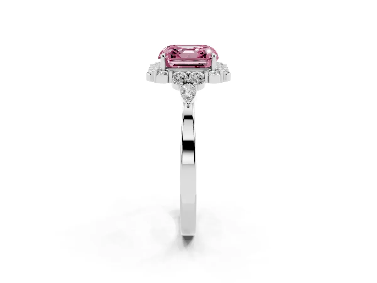 Fancy Pink Asscher Cut Diamond Halo Ring with Pear Side Stones and Prong Setting Silver
