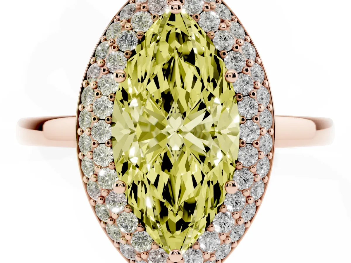 Fancy Yellow Marquise Cut Halo Diamond Engagement Ring with Solitaire Band and Four-Prong Setting Rose gold