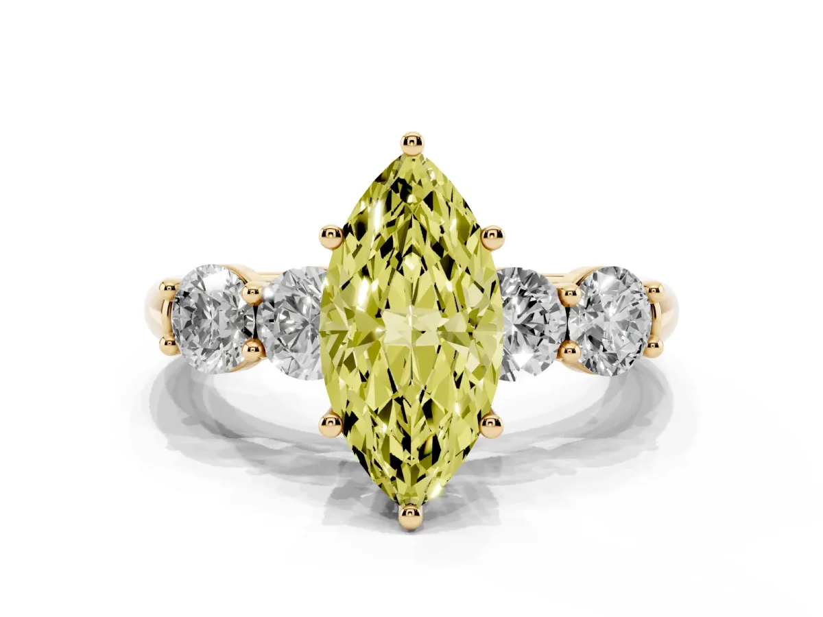 Fancy Yellow Marquise Cut Cut Five-Stone Prong Set Diamond Ring with Classic Band Yellow gold