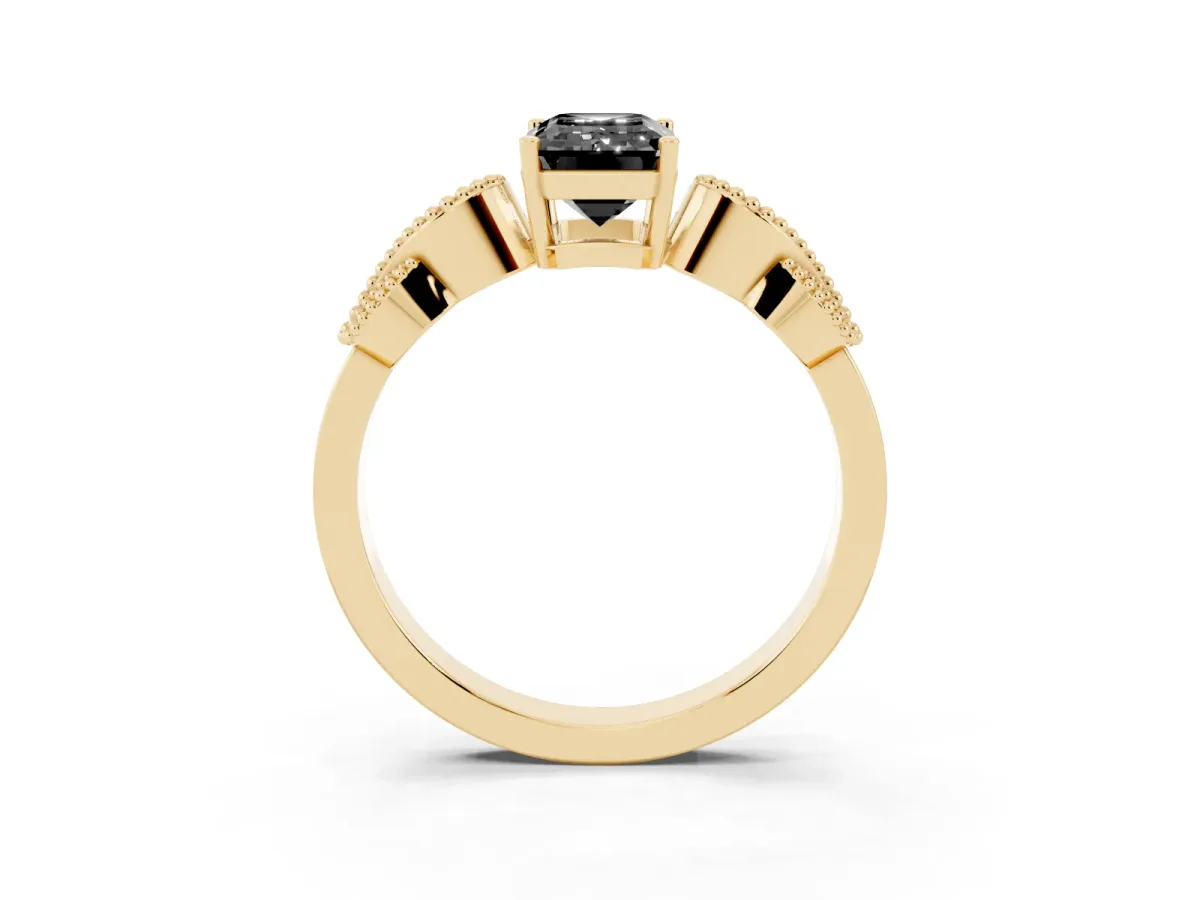 Fancy Black Emerald Cut Solitaire Milgrain Leaf Band with Prong Setting Yellow gold