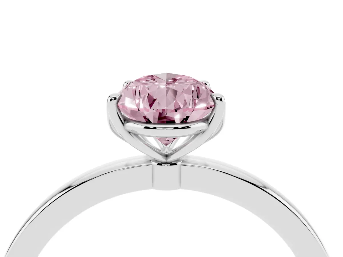 Fancy Pink Pear Cut Diamond Solitaire Ring with Thin Band and Prong Setting Silver