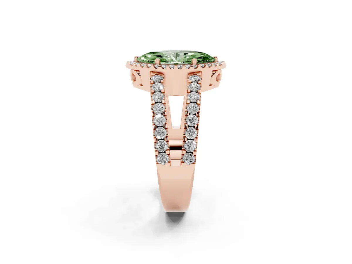 Fancy Green Marquise Cut Cut Halo Split Shank Diamond Ring with Four-Prong Setting Rose gold