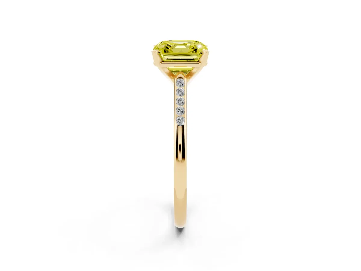 Fancy Yellow Asscher Cut Diamond Solitaire Ring with Channel Set Round Band and Prong Setting Yellow gold