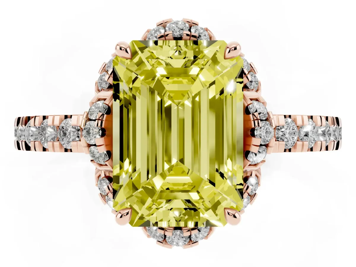 Fancy Yellow Emerald Cut Halo Diamond Pave Band Ring with Four-Prong Setting Rose gold