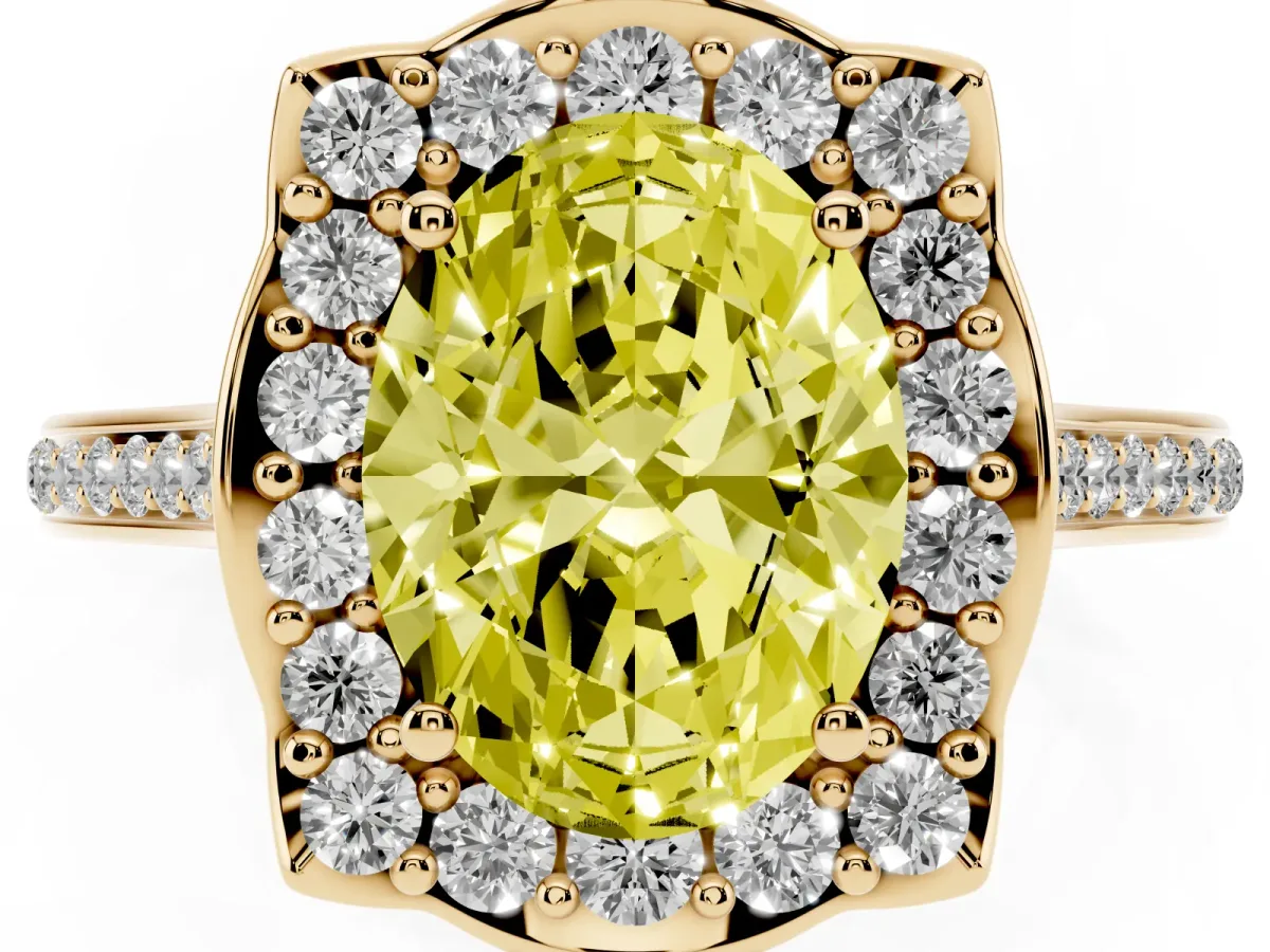 Fancy Yellow Oval Cut Halo Round Diamond Pave Band with Four-Prong Setting Yellow gold