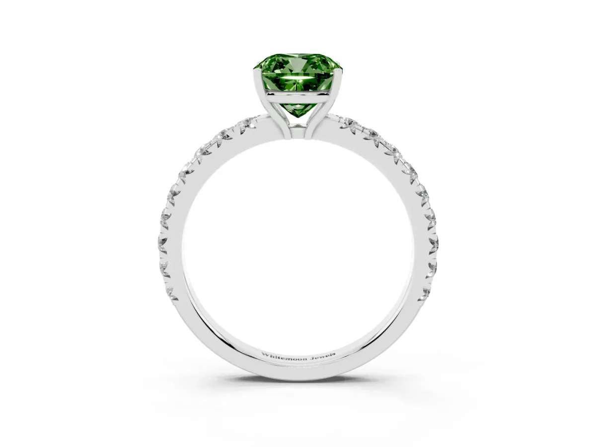 Fancy Green Cushion Cut Diamond Pavé Solitaire Engagement Ring with Four-Prong Setting Silver