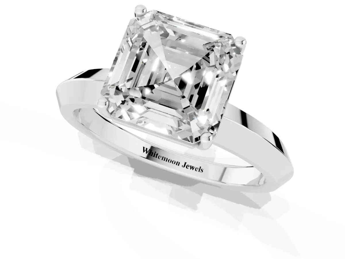 Asscher Cut Cut Solitaire Engagement Ring with Flat Band and Four-Prong Setting Silver
