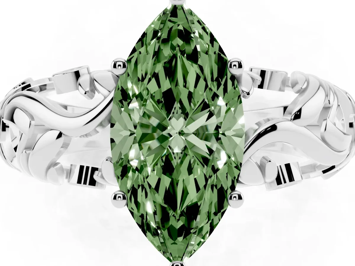 Fancy Green Marquise Cut Solitaire Diamond Leaf-Inspired Vine Band Ring with Prong Setting Silver
