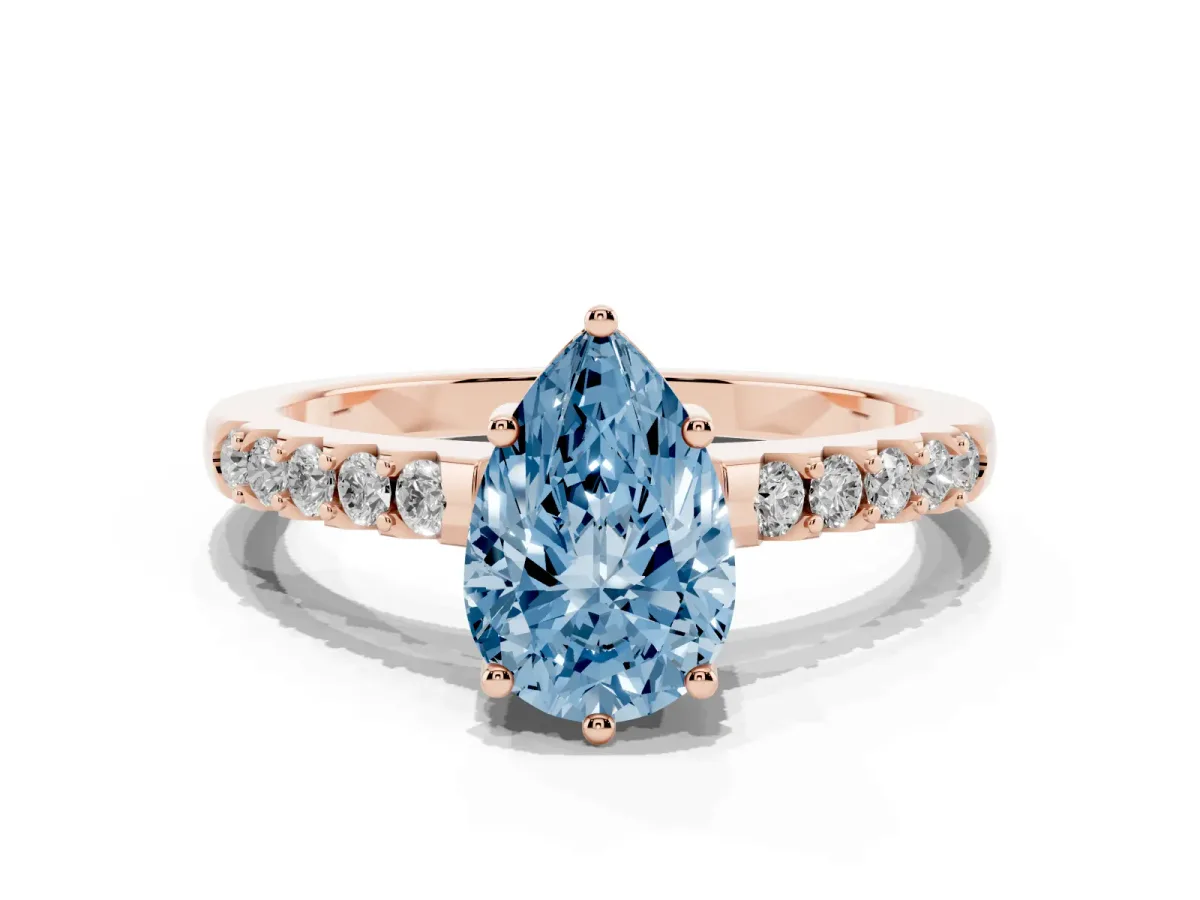 Fancy Blue Pear Cut Solitaire Diamond Engagement Ring with Pavé Band and Six-Prong Setting Rose gold